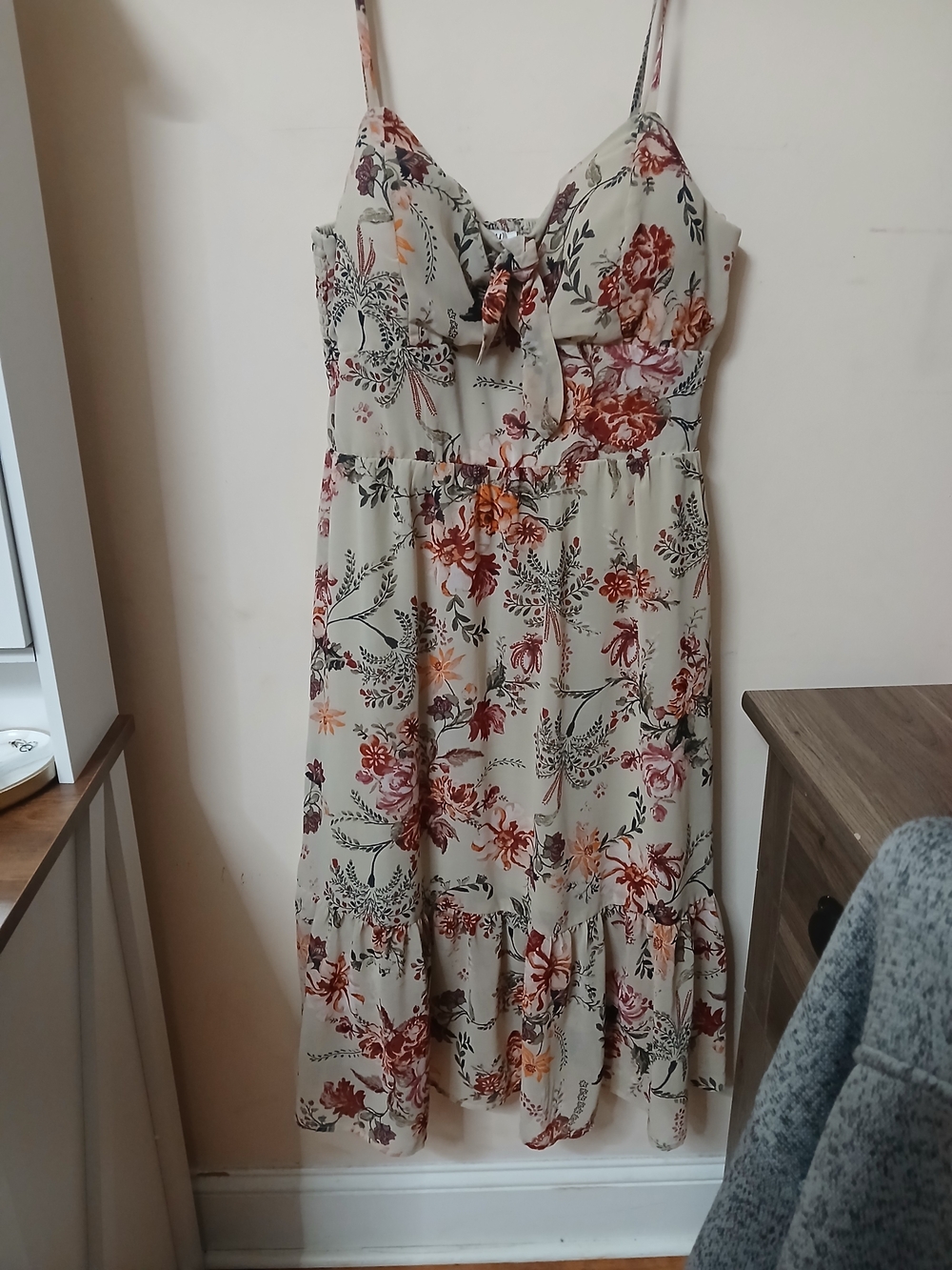 AUW Beige Midi Dress with Rose and Rust Floral Print
